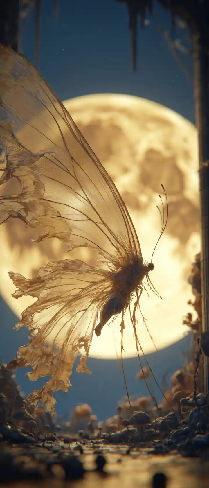 Zerfetzter Schmetterling vor leuchtendem Vollmond