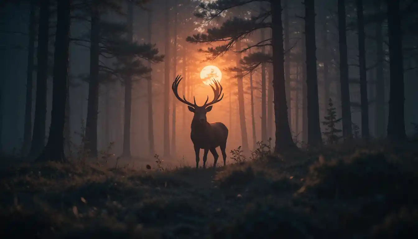 Majestic stag emerging from a misty sunlit pine forest