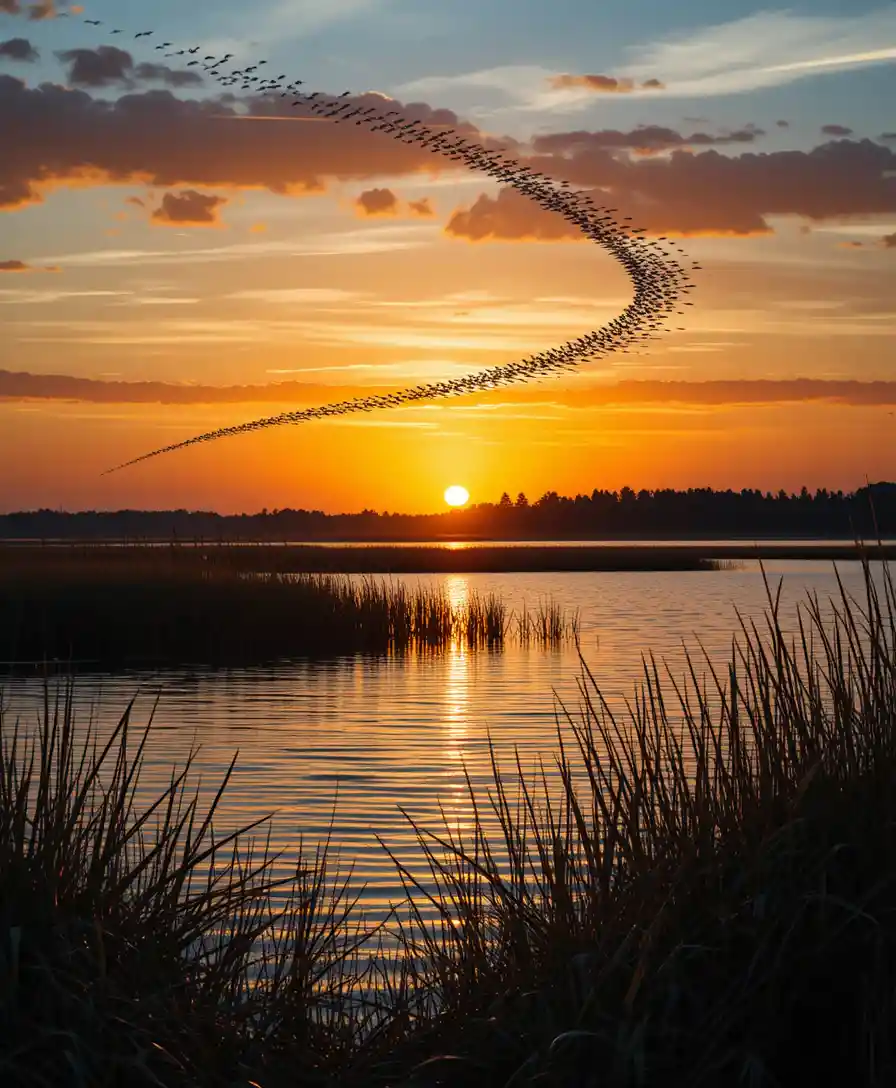 Migrating birds over sunset lake with glowing reflection