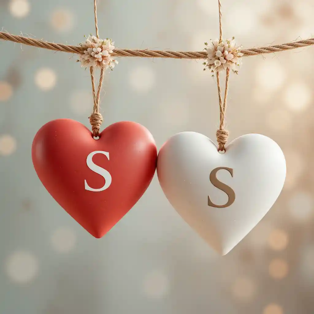 Two hanging heart ornaments with soft romantic background