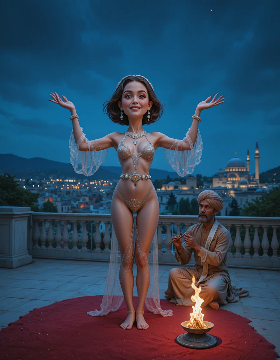 Mystical woman raising her arms on a terrace at night