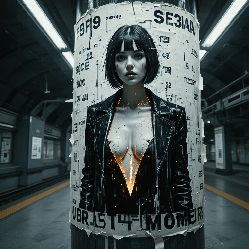 Cinematic glitch poster of cyber fashion woman in subway