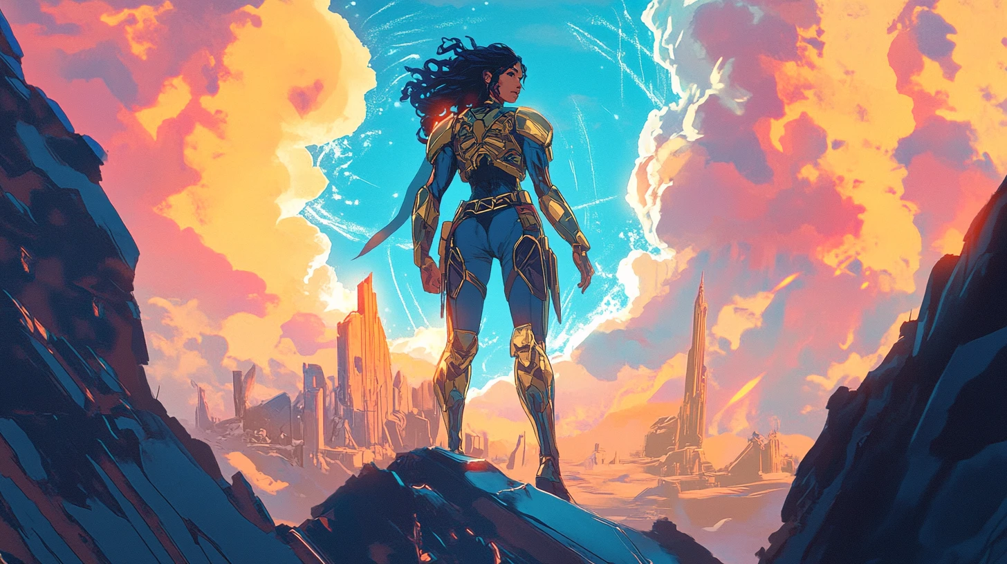 Princesse en armure devant un portail interdimensionnel lumineux