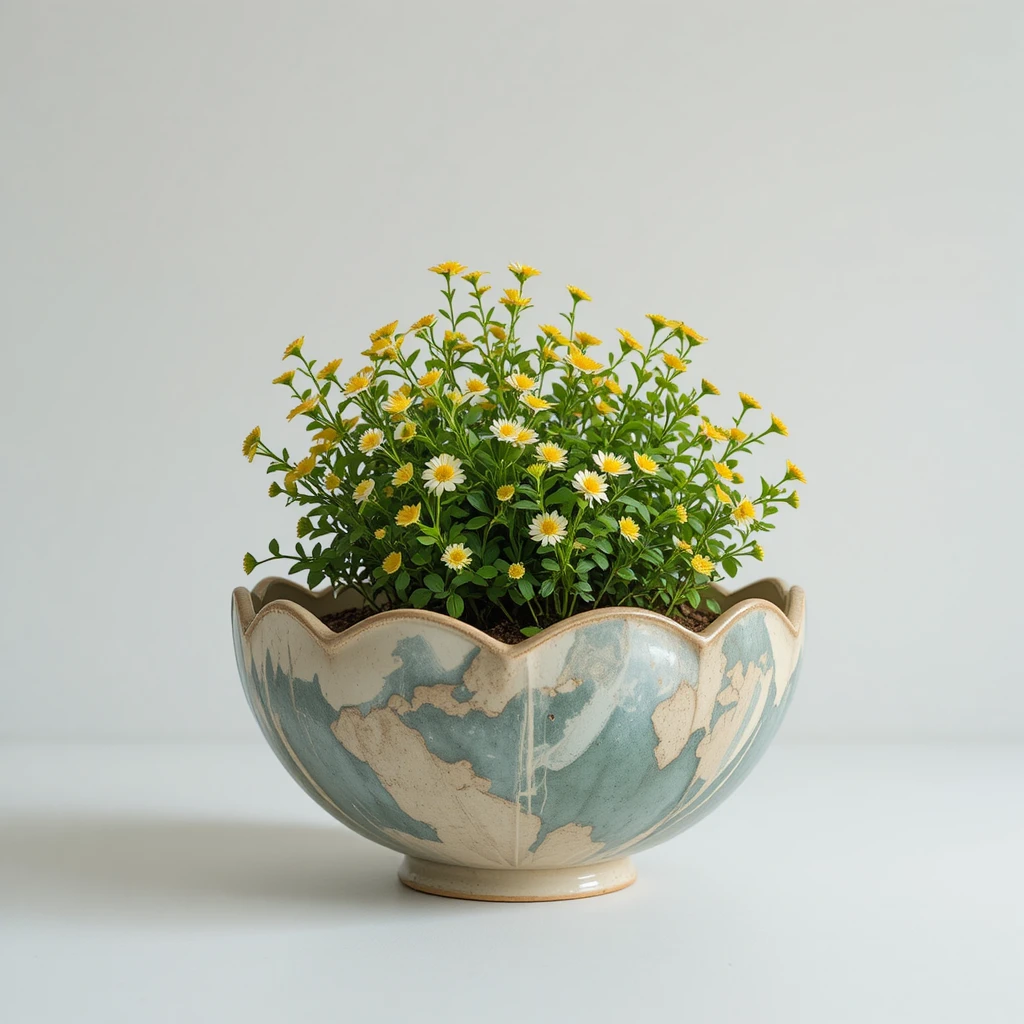 Planta en maceta con flores amarillas en cuenco decorativo ornamentado