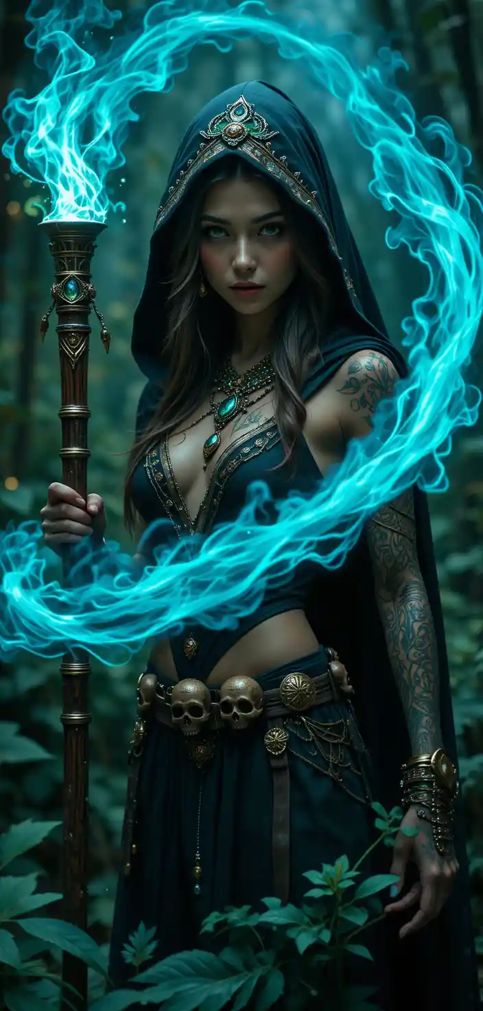 茂密雨林中的黑暗魔女與法杖