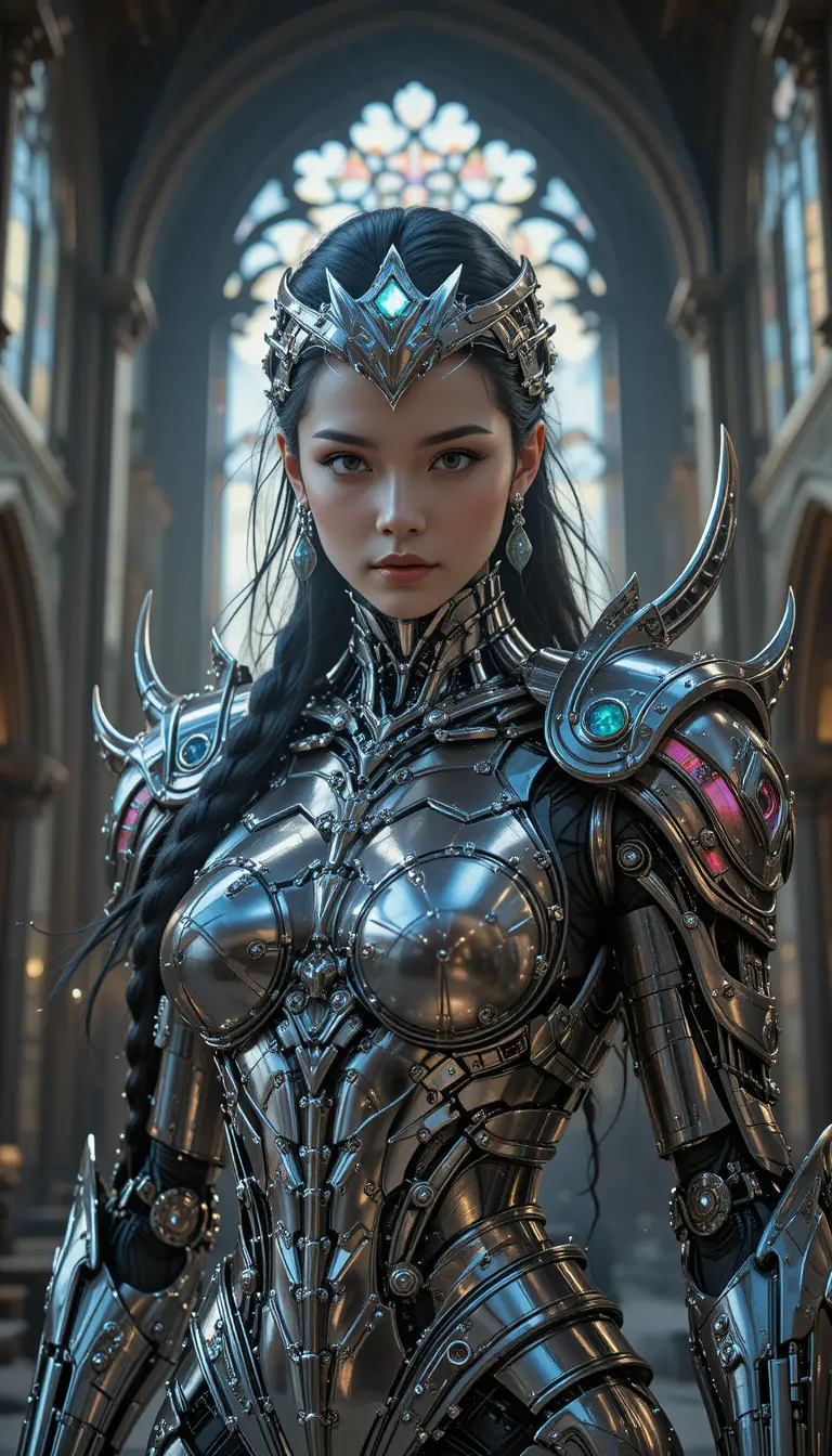 Cybernetic war goddess in luminous gothic cathedral armor