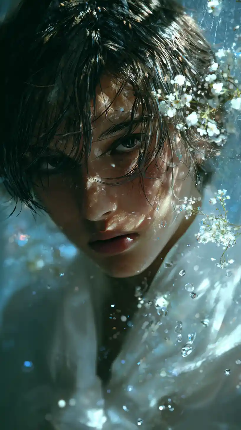 Anime girl portrait with blossoms and shimmering water
