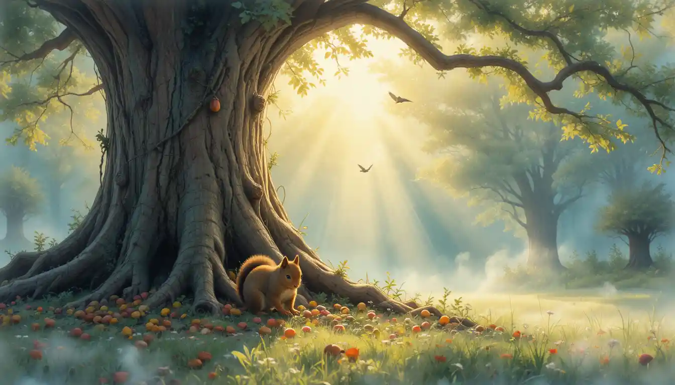 Watercolor squirrel gathering acorns beneath an ancient oak
