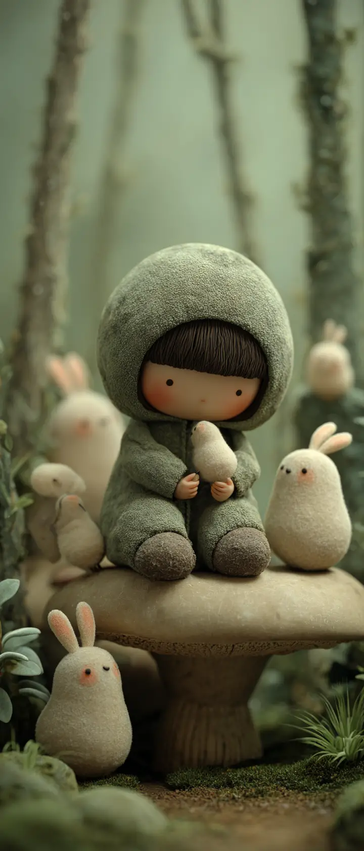 Shy clay child on a giant mushroom in misty forest