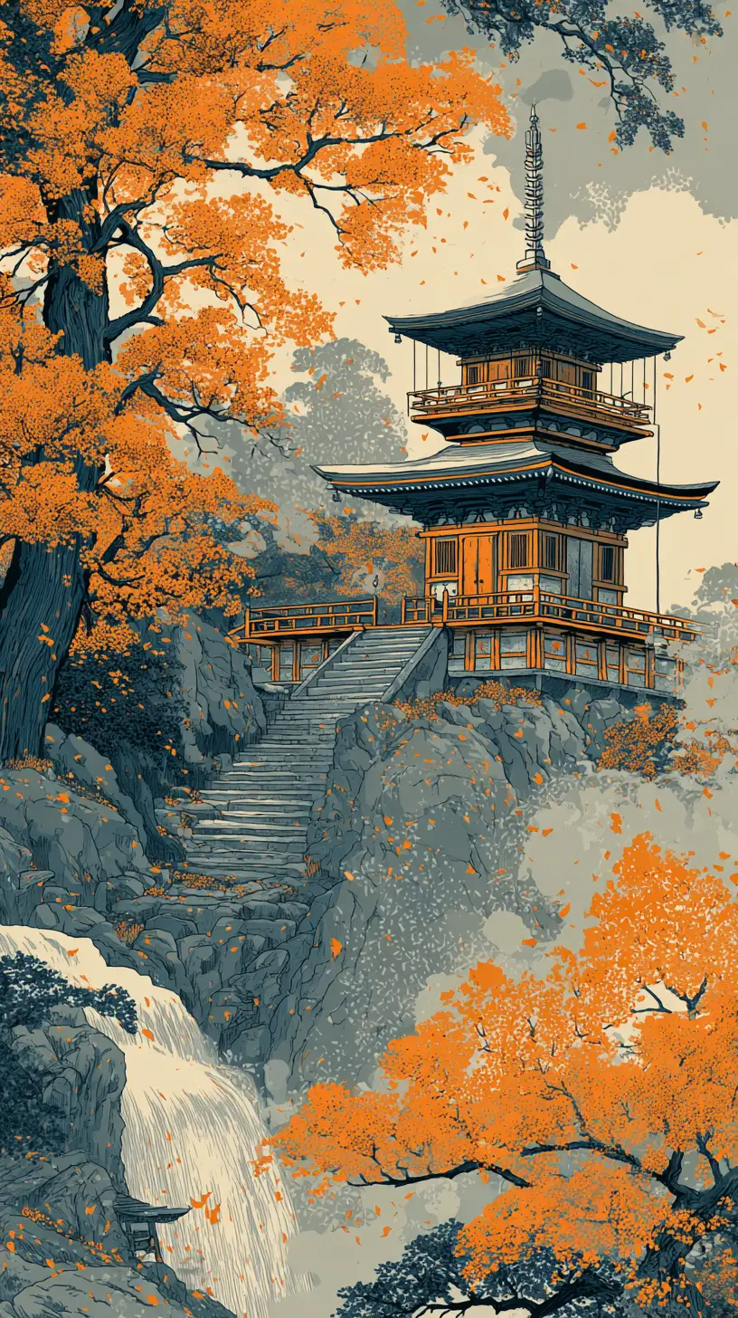 Ukiyo e pagoda by a waterfall on a quiet hillside