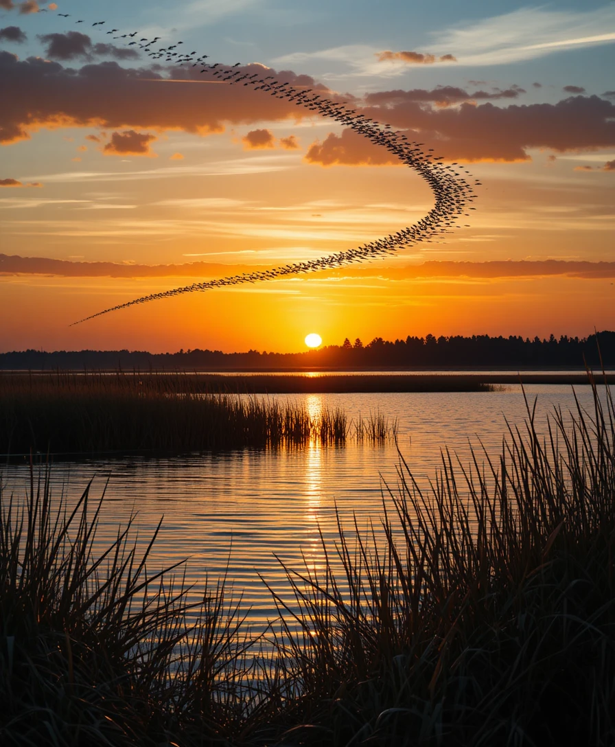 Aves migratorias sobre lago al atardecer con reflejo resplandeciente