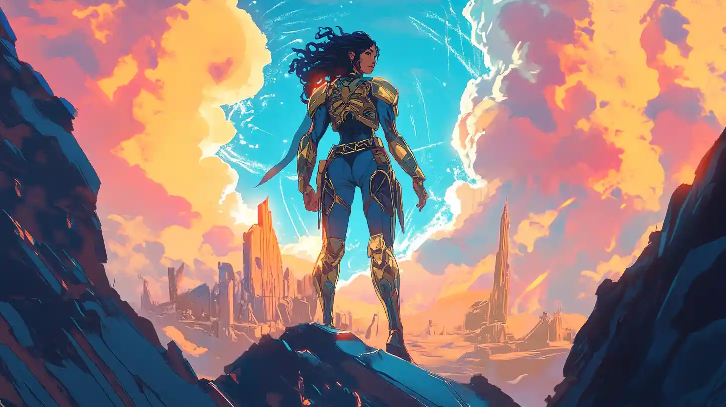 Princesse en armure devant un portail interdimensionnel lumineux