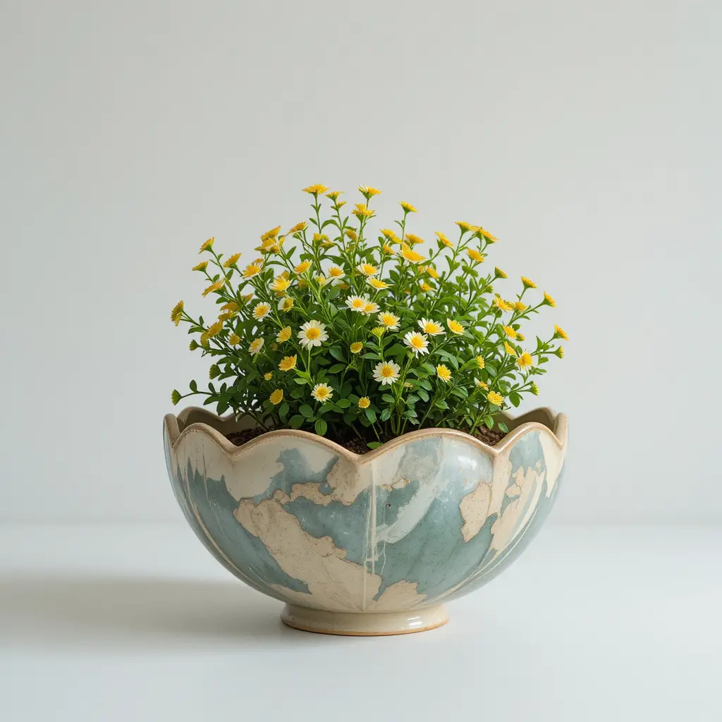 Potted plant with yellow flowers in ornate decorative bowl