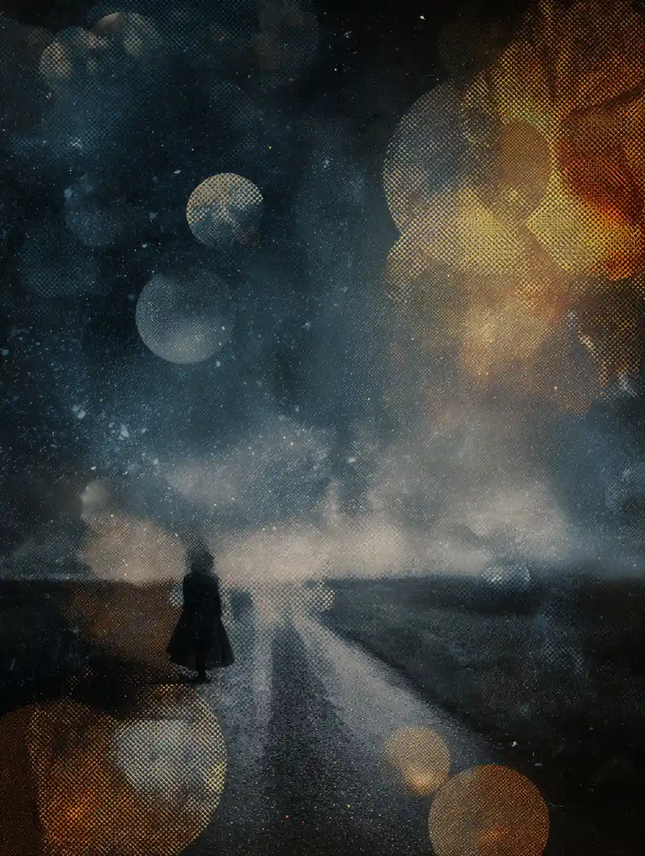 Surreal halftone scene in dark shimmering abstract space