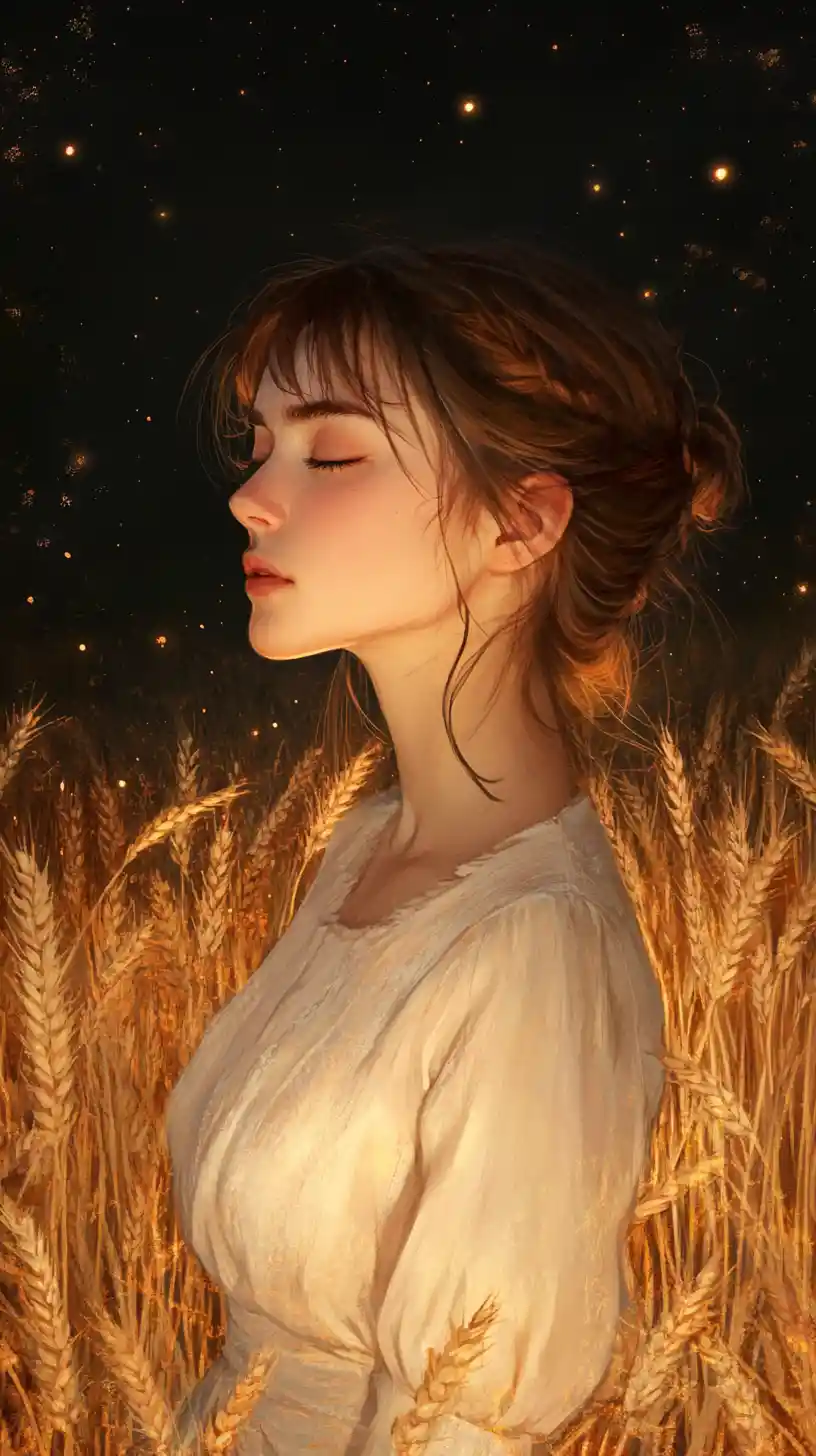 Anime girl in wheat field under glowing twilight sky