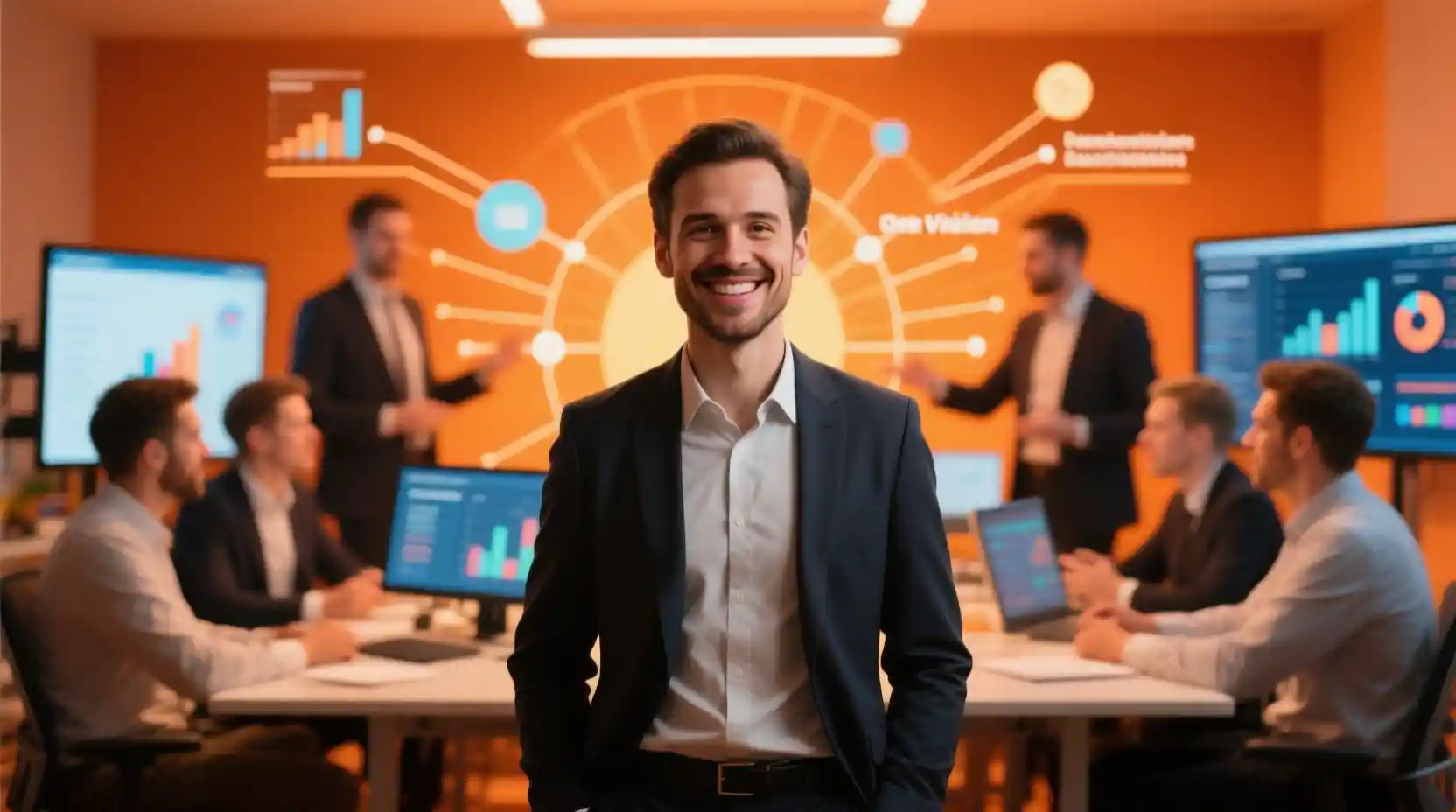 Smiling professional leading a marketing team in warm tones