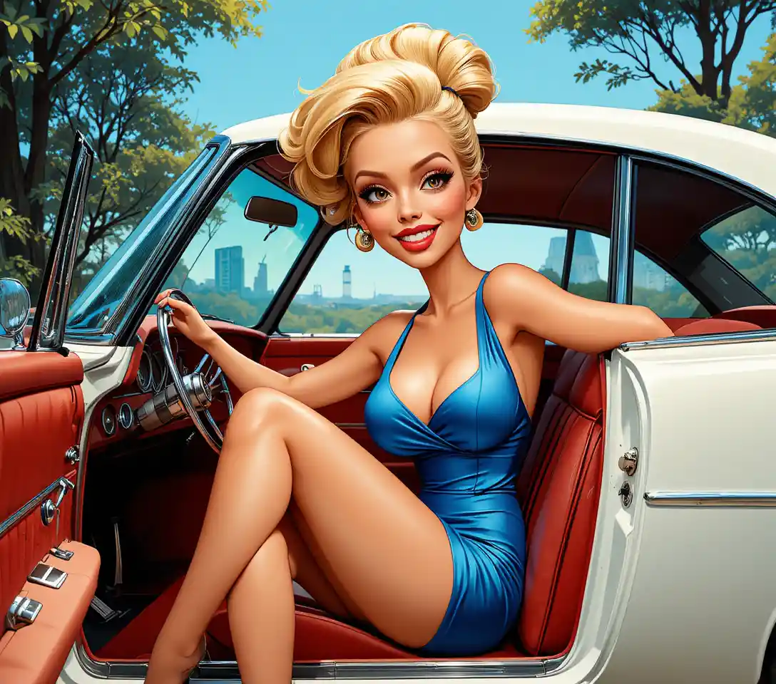 Blonde pin up woman posing in a white sports car