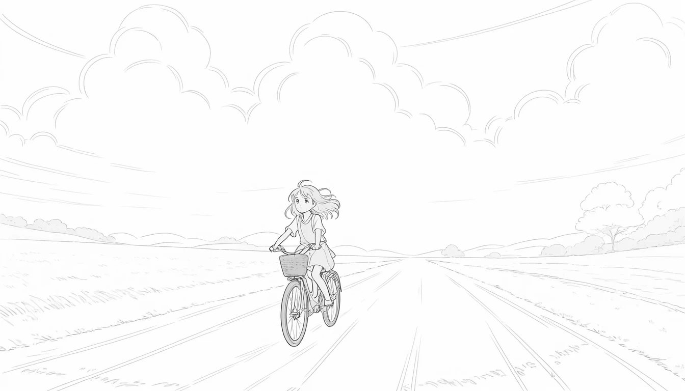 Anime girl cycling along a quiet countryside road