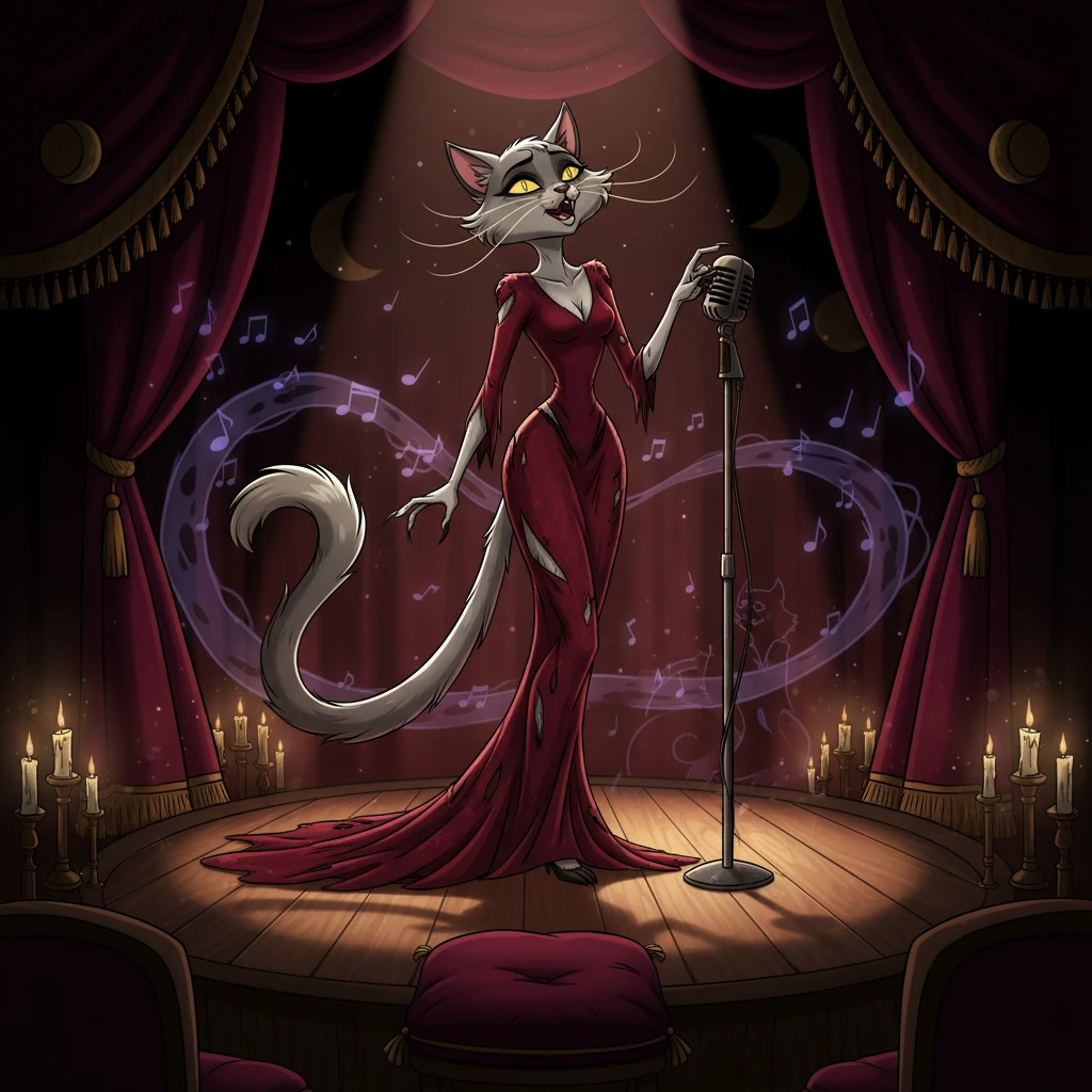 Silver cabaret cat singing under a velvet spotlight