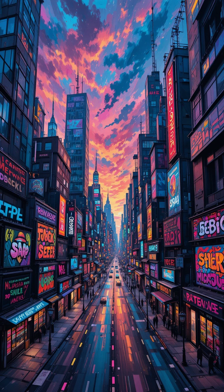 Surreal neon cityscape warped into abstract colorful chaos
