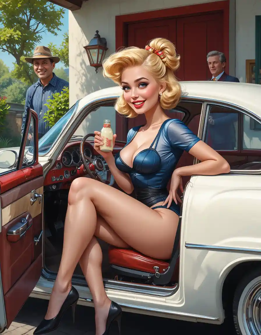 Blonde pin up woman posing in a white sports car
