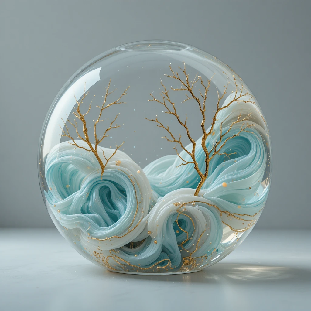 Translucent glass sculpture with teal fabric and gold veins