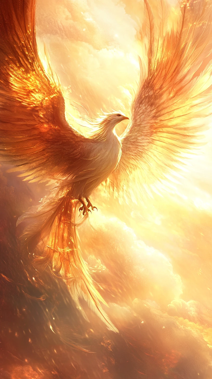 Mystical Winged Woman Creature Soaring Through Golden Clouds