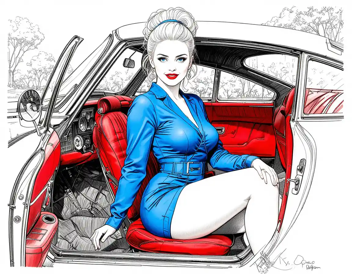 Seductive blond woman in blue dress in white sports car