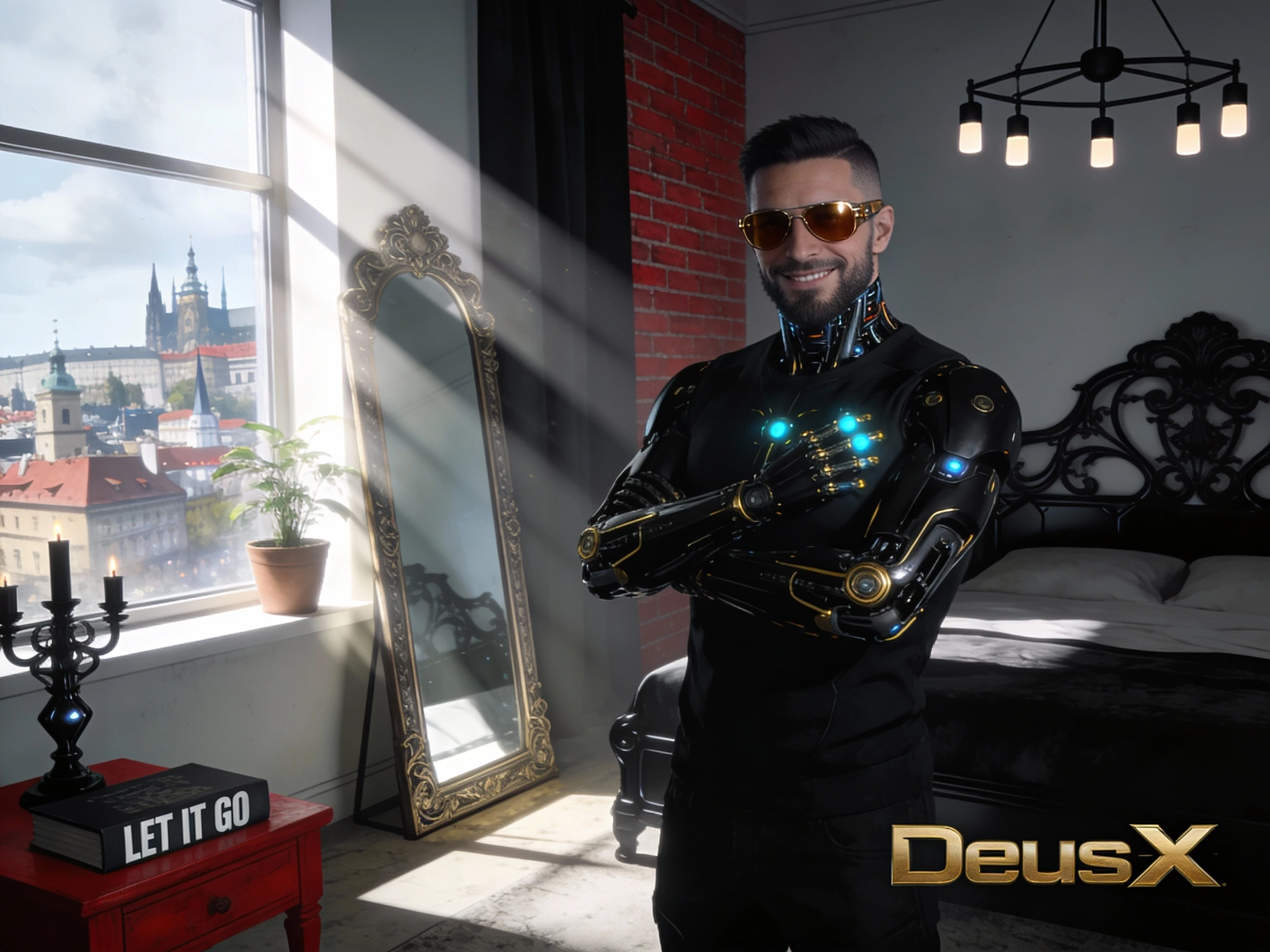Cybernetic detective in a sunlit futuristic bedroom