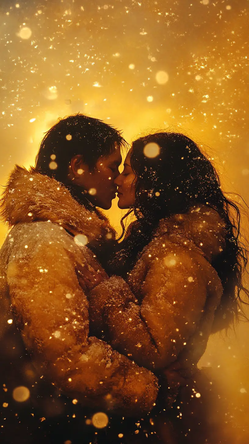 Eskimo couple sharing a tender kiss under night sky