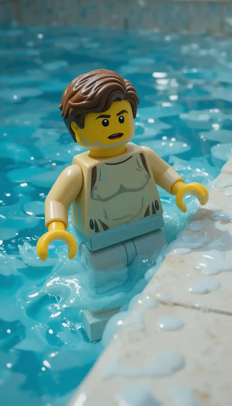 Figura de Lego flotando sorprendida en una piscina de plástico derretido