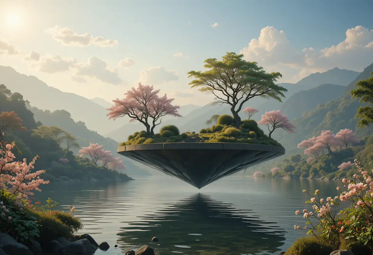 Floating zen garden above calm water with cherry blossoms
