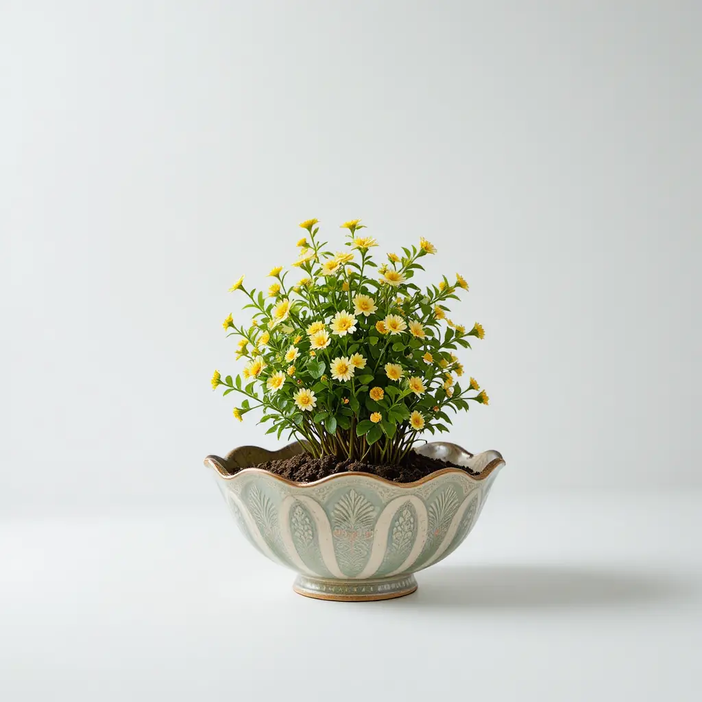 Potted Plant In Ornate Bowl On Clean White Background
