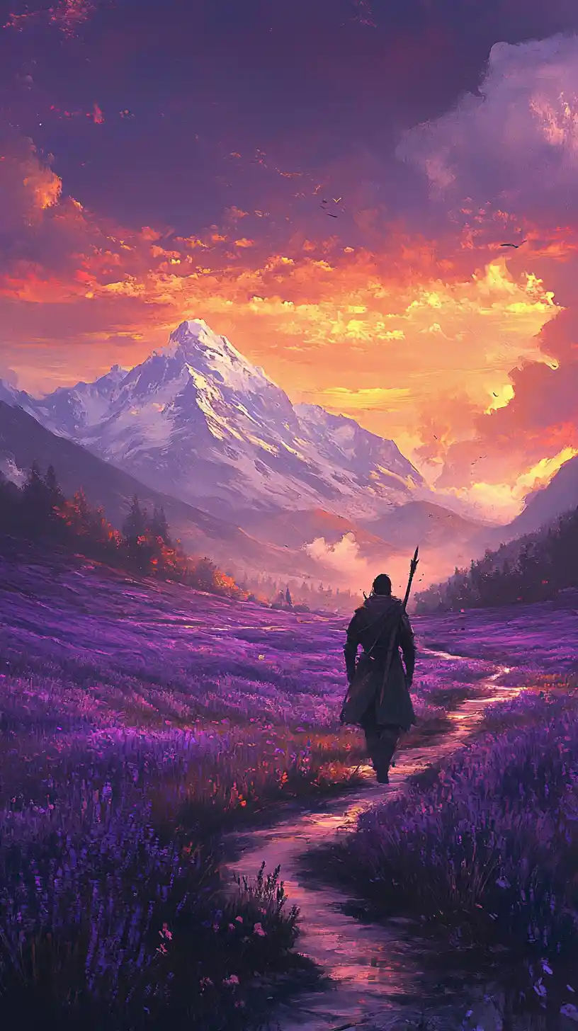 Warrior Walking Through Lavender Field Toward Distant Mountains