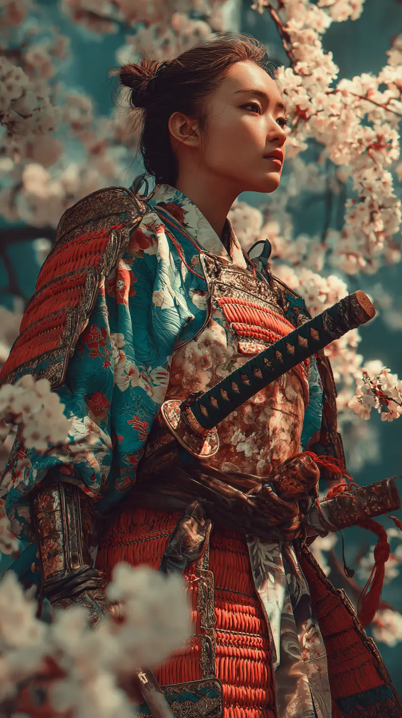 Japanese samurai woman among gentle cherry blossoms