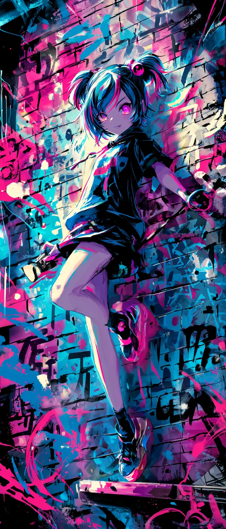 Cyberpunk graffiti girl painting neon tags in alley