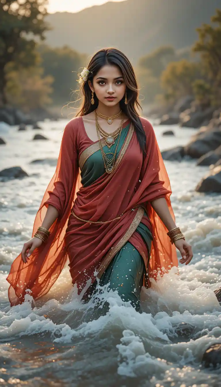 Young woman crossing a flooded river in golden light