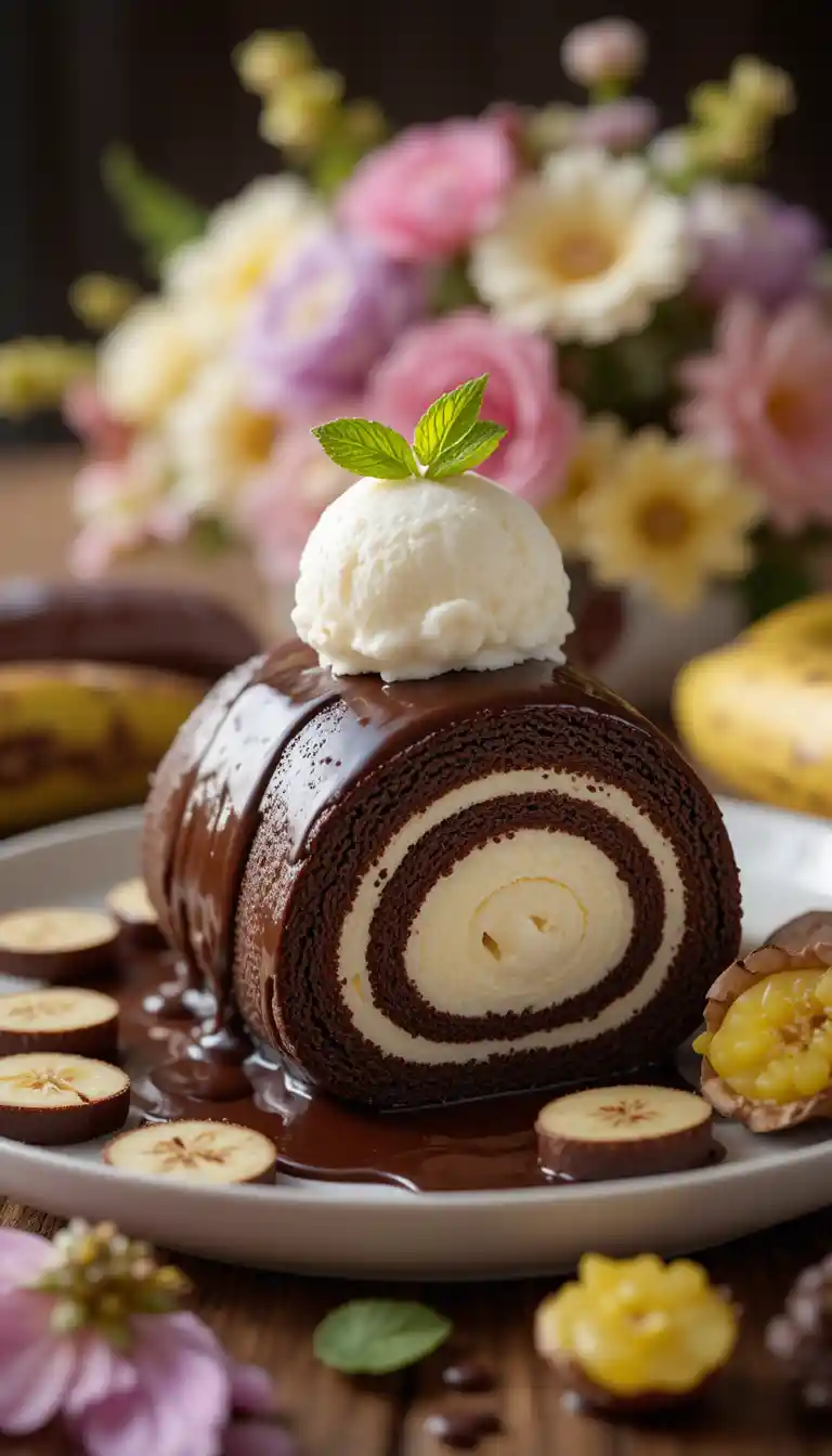 Postre de rollo de chocolate con helado de vainilla y menta