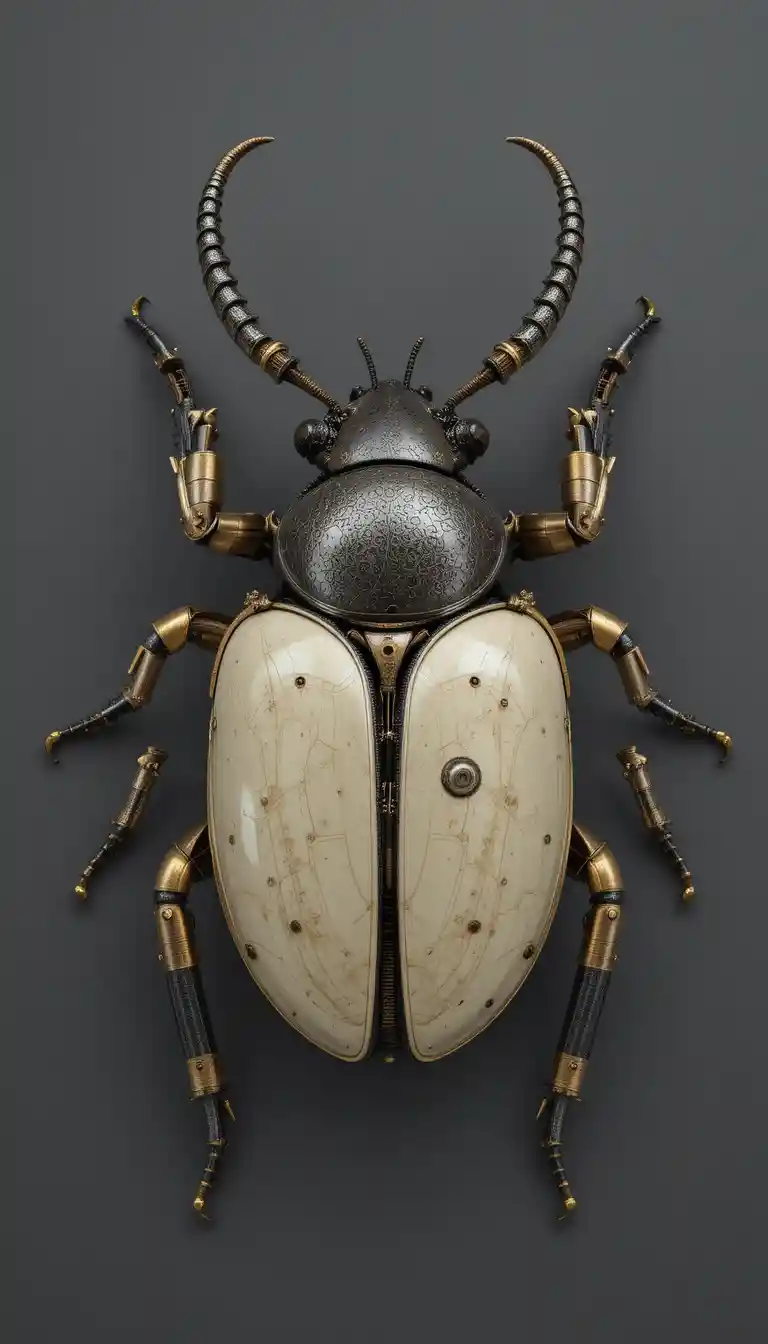 Steampunk Mechanical Beetle Sculpture In Symmetrical Top View