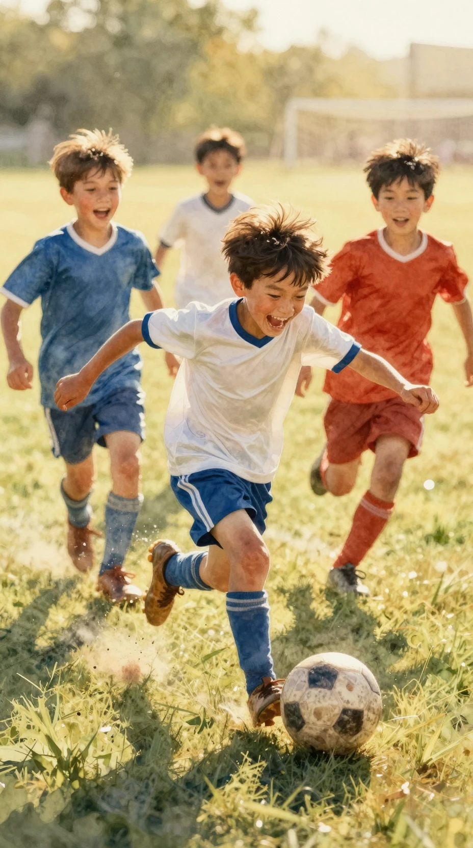 Cuatro niños jugando al fútbol bajo una cálida luz acuarelada