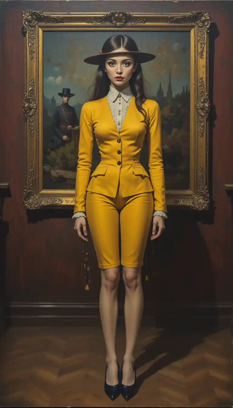 Fashionable absurdist girl in yellow on vintage canvas