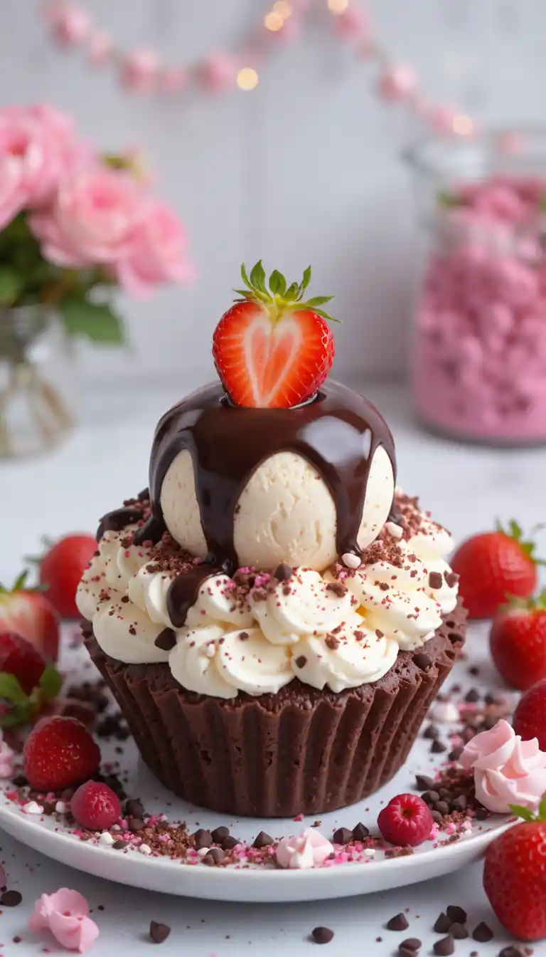 Dessert di cupcake al cioccolato a strati con gelato e frutti di bosco