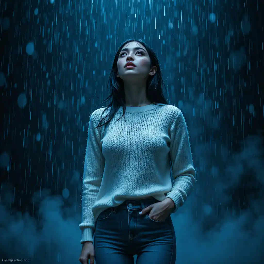 Donna elegante sotto la pioggia con maglione bianco e jeans