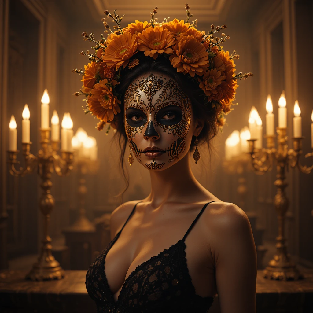 Masked supermodel in a luxurious candlelit study