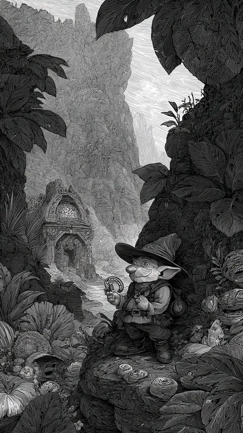 Gnome Pirate Exploring Ancient Tropical Island Ruins
