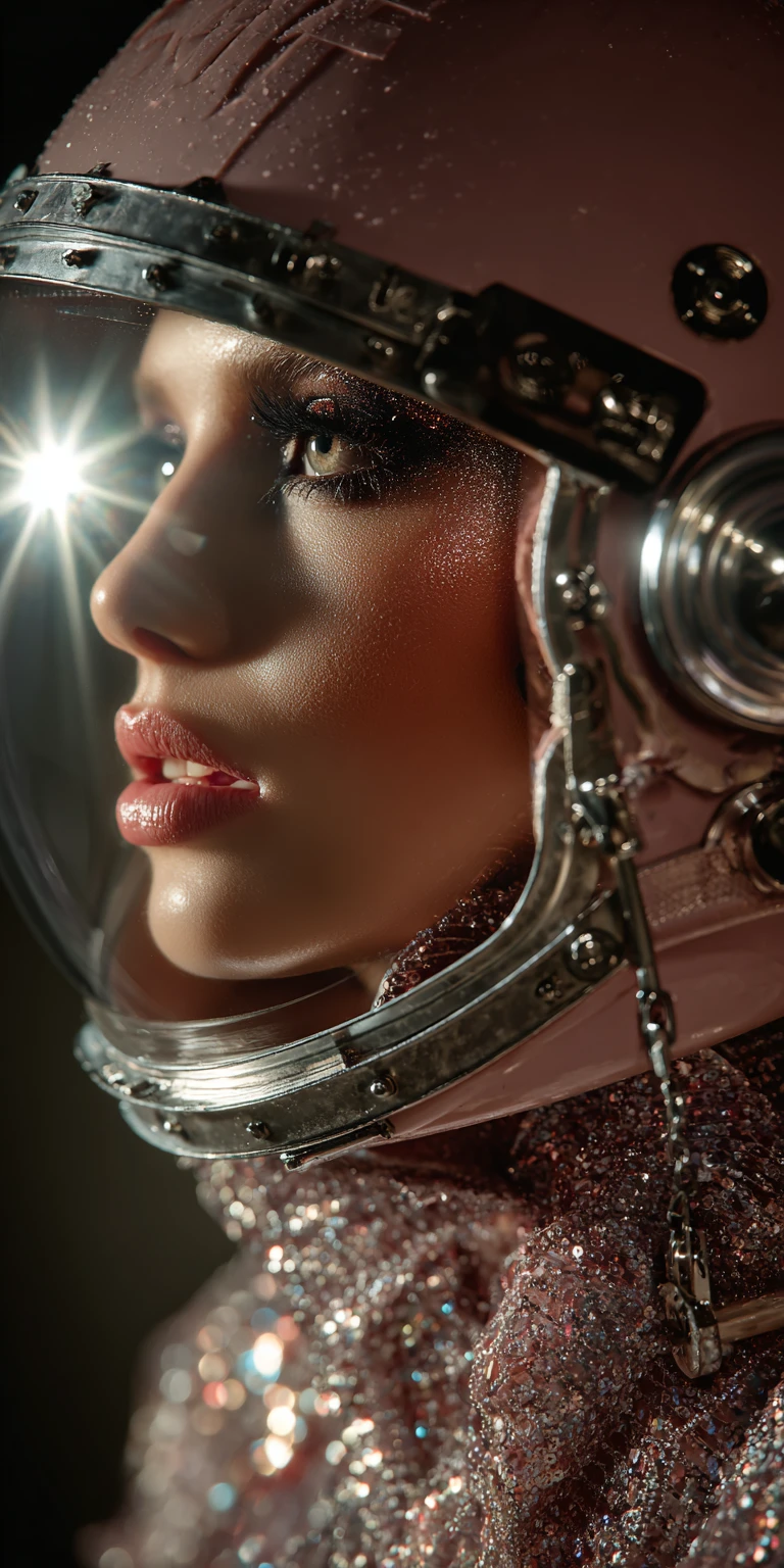 Retro futuristic woman in couture spacesuit and helmet portrait