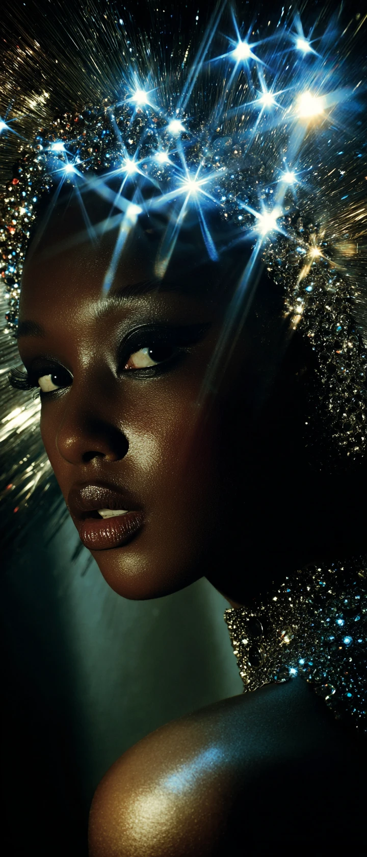 Black woman in neon halo headpiece and green gown