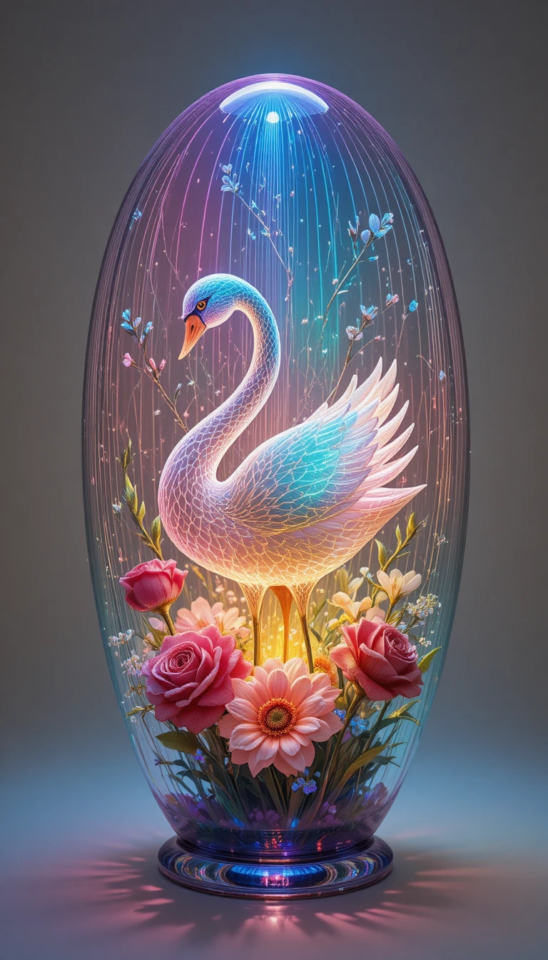 Escultura de cisne de perla dentro de un microcosmos en un jarrón de cristal