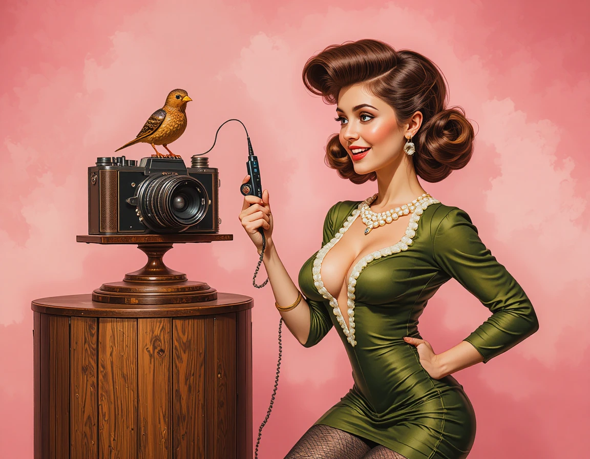 Playful redhead pin up in green dress with camera