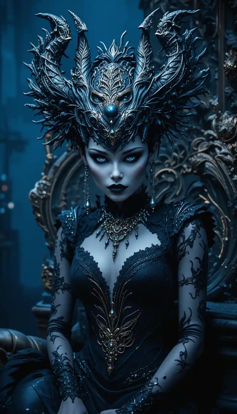 Demonic queen on baroque throne with horned dragon crown